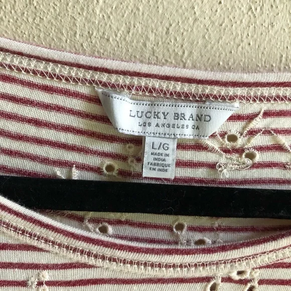 Lucky Brand Striped Red and White Cuffed Sleeve Tunic/ top. Eyelet Pattern. L - Picture 7 of 13